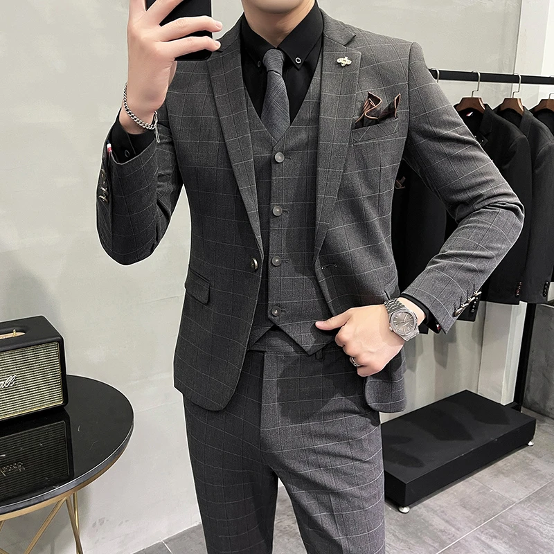 格子西装套装男高端休闲商务男士西服三件套英伦雅痞高级结婚新郎