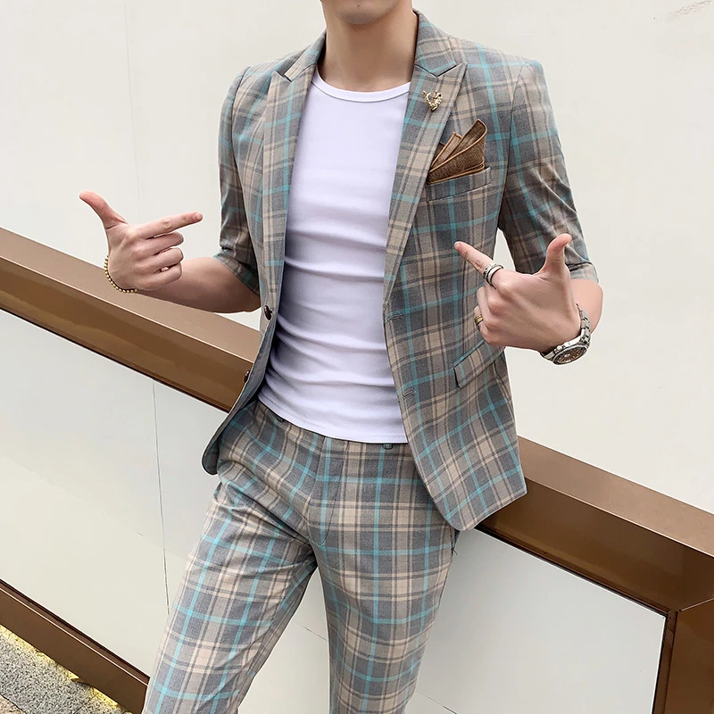 夏季休闲格子西服套装男士修身帅气七分袖小西装两件套韩版中袖潮