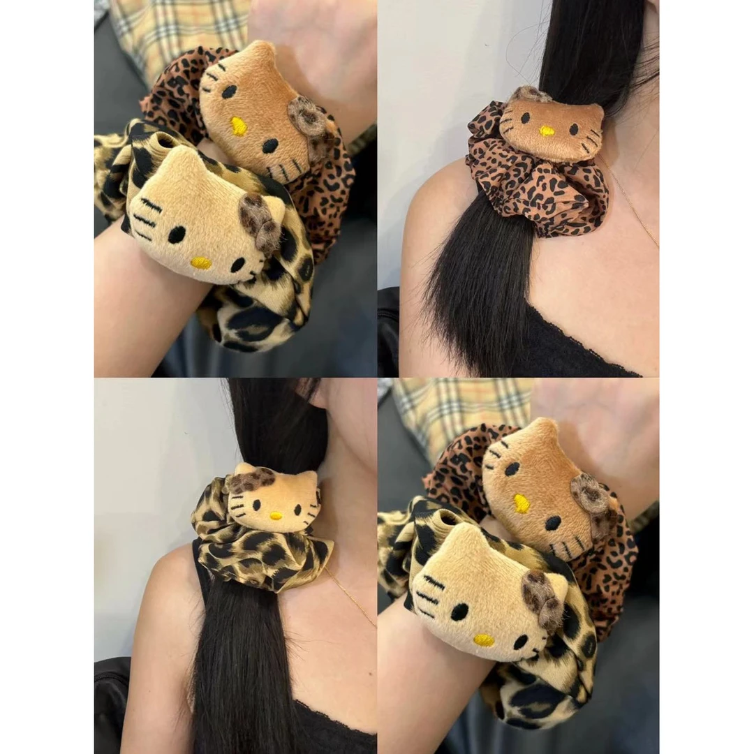 原创自制ins风豹纹黑皮kitty毛绒大肠圈可爱马尾发绳头绳少女发饰