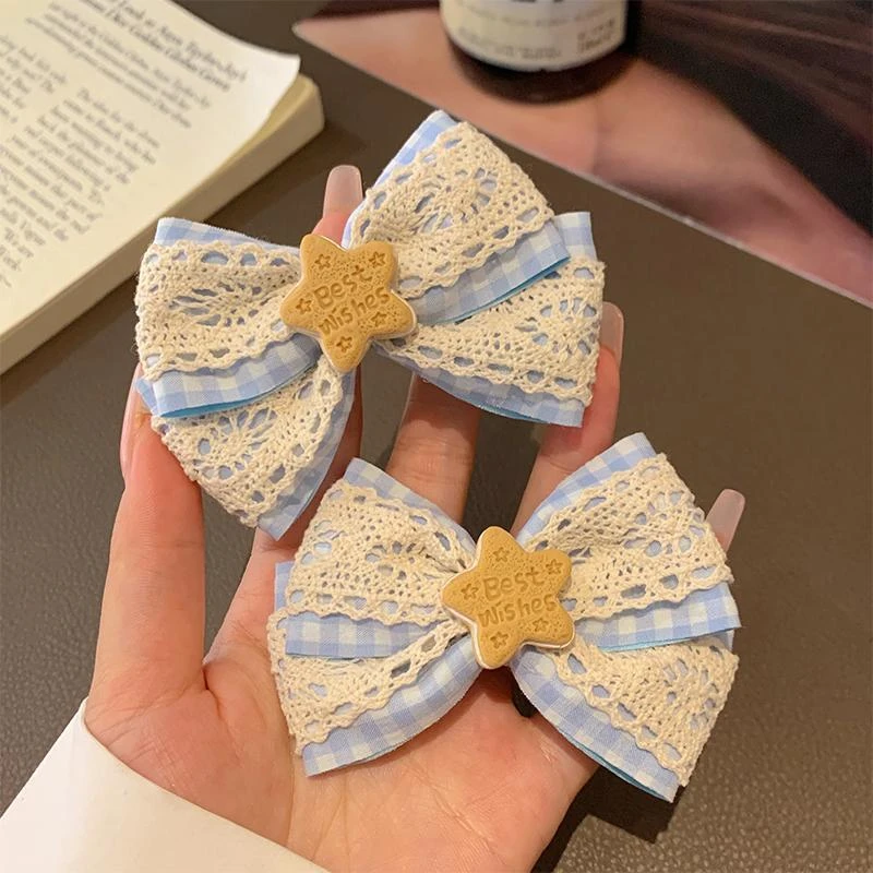 蓝色星星蝴蝶结蕾丝发夹少女心可爱侧边刘海发卡女