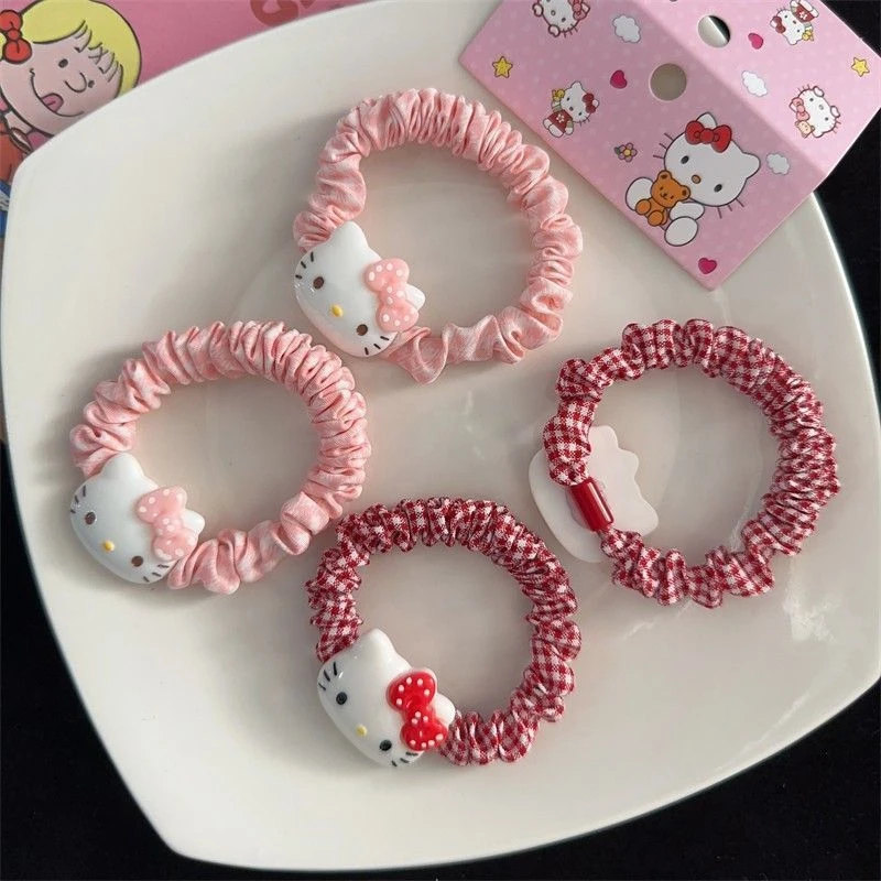 可爱HelloKitty格子发圈甜美少女头绳网红ins大肠圈卡通学生发绳
