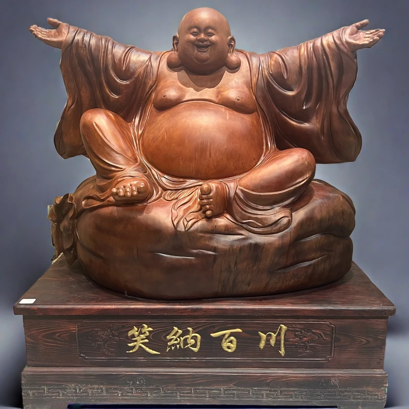 根雕工艺品【花梨木张手弥勒】，精品摆件。，尺寸138一70一156一50