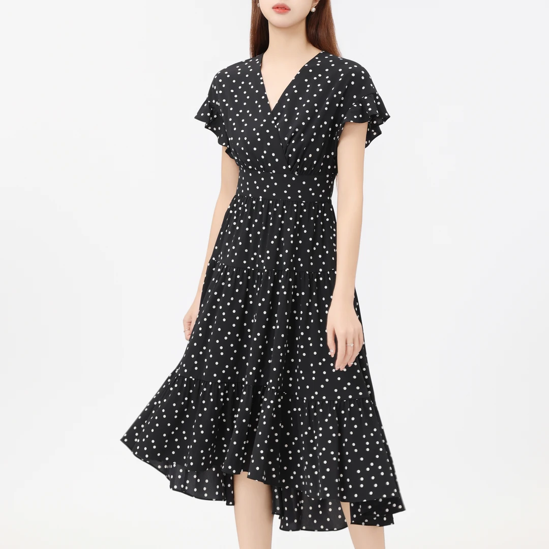 AMASS/阿玛施新款女装显瘦打V领复古波点收腰长款连衣裙5500104