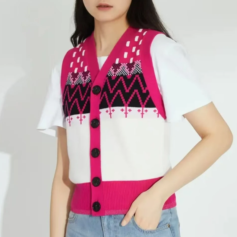 AMASS/阿玛施短款女装显瘦V领拼色开衫绵羊毛针织费尔岛马甲羊绒