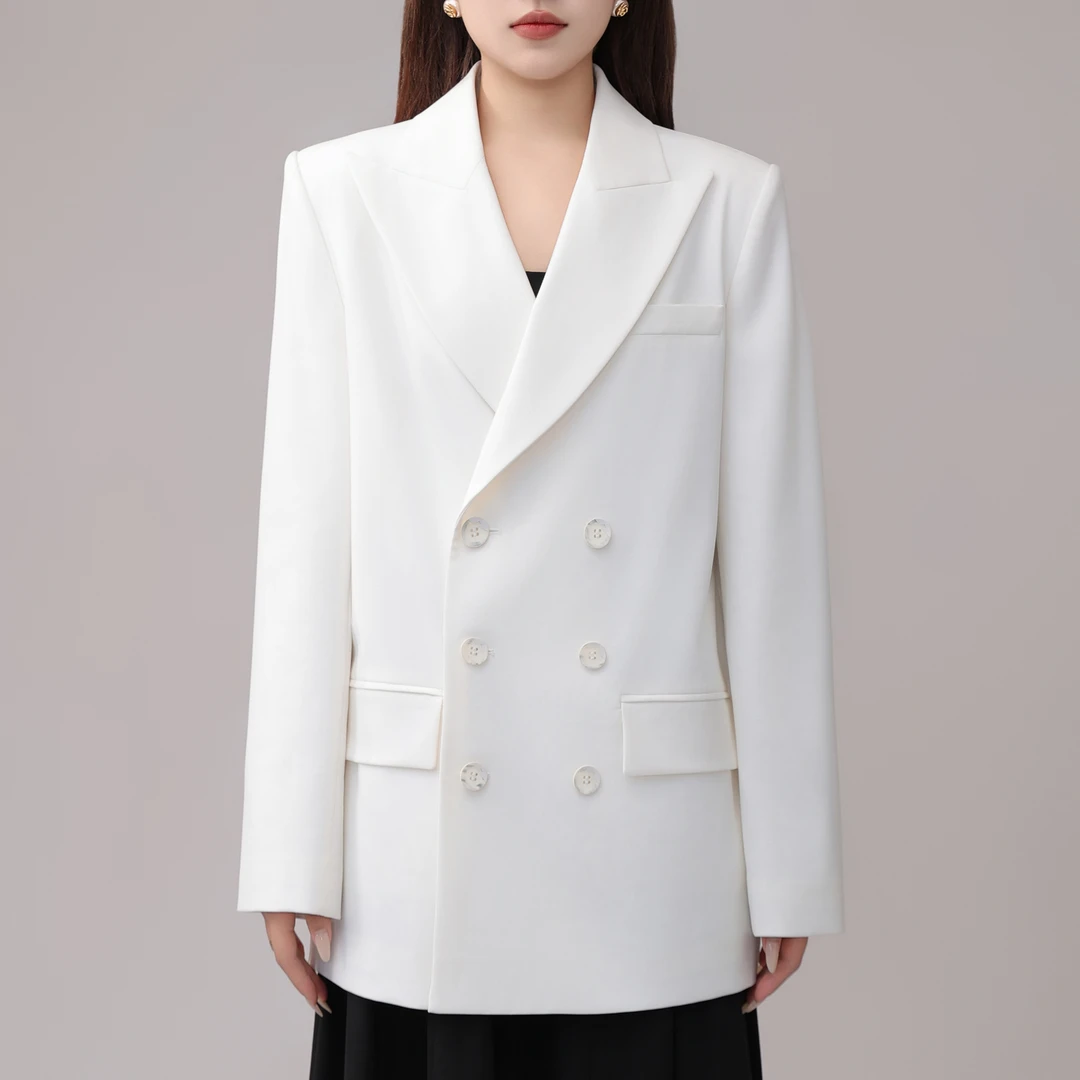 AMASS/阿玛施秋冬气质百搭通勤双排扣毛呢中长款西装外套5400868