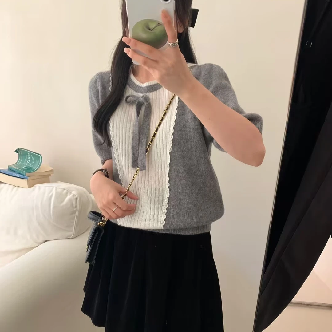 24060新款羊毛短袖毛衣针织衫气质百搭打底时尚宽松圆领套头夏季