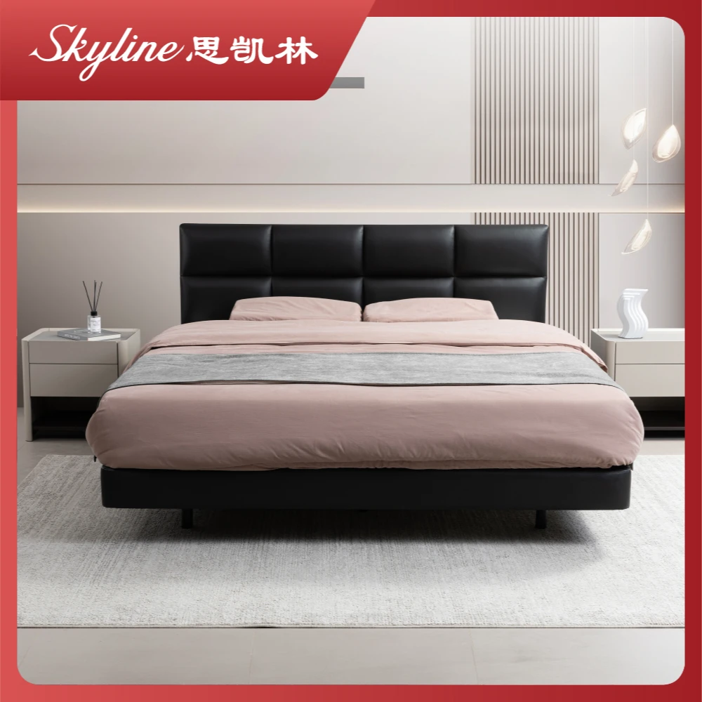 思凯林巧克力黑色意式极简头层牛皮床GM836卧室大床客厅主卧室