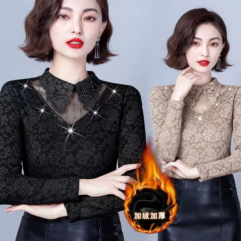 秋冬新款加绒加厚洋气妈妈装保暖显瘦打底衫高温烫钻长袖上衣小衫