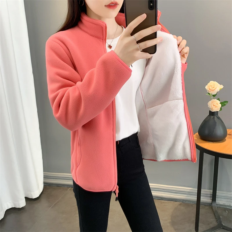摇粒绒抓绒衣外套秋冬季加绒加厚保暖双面绒上衣冲锋衣内胆女宽松