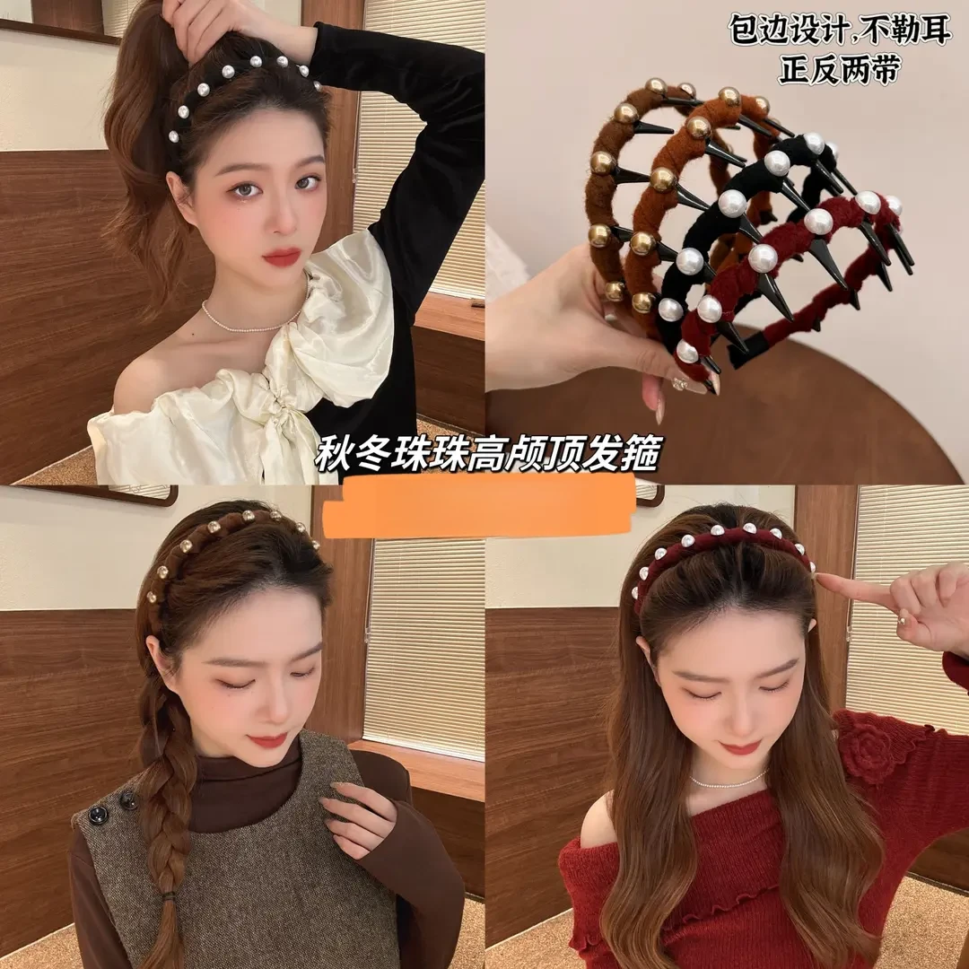 秋冬新款毛线大珠珠波浪带齿发箍碎发整理神器不卡头蓬松纹理头箍