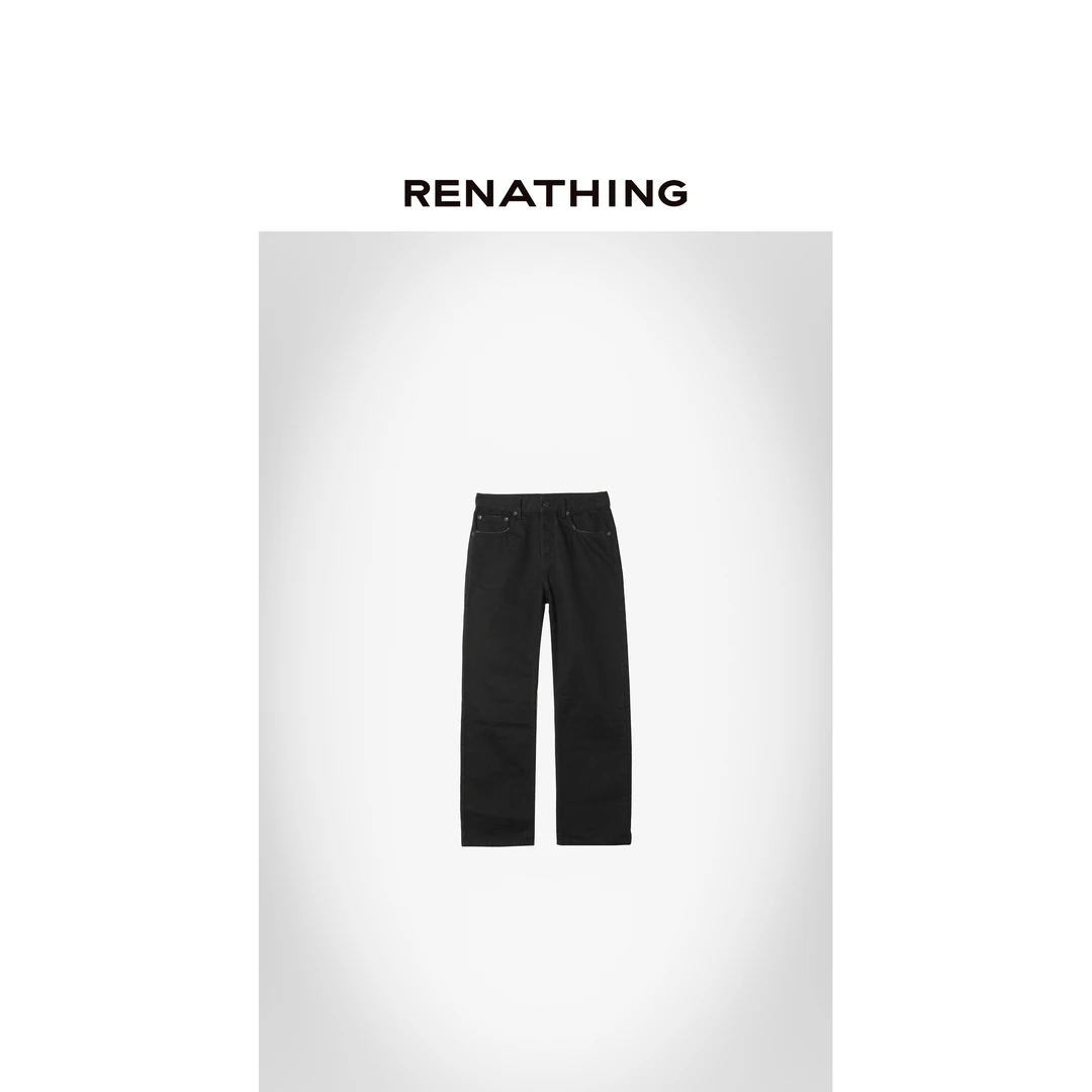【RENATHING】口袋前褶痕黑色直筒牛仔裤