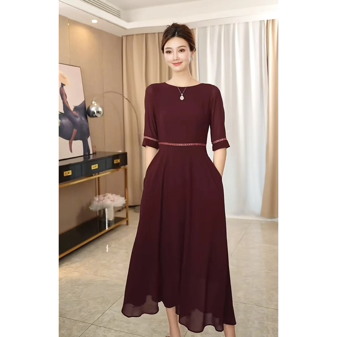 高定紫红色轻奢色大女主收腰A版夏季法式显瘦连衣裙