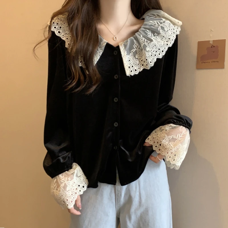 大码女装遮肚子娃娃领金丝绒打底衫女春秋胖妹妹复古显瘦长袖上衣