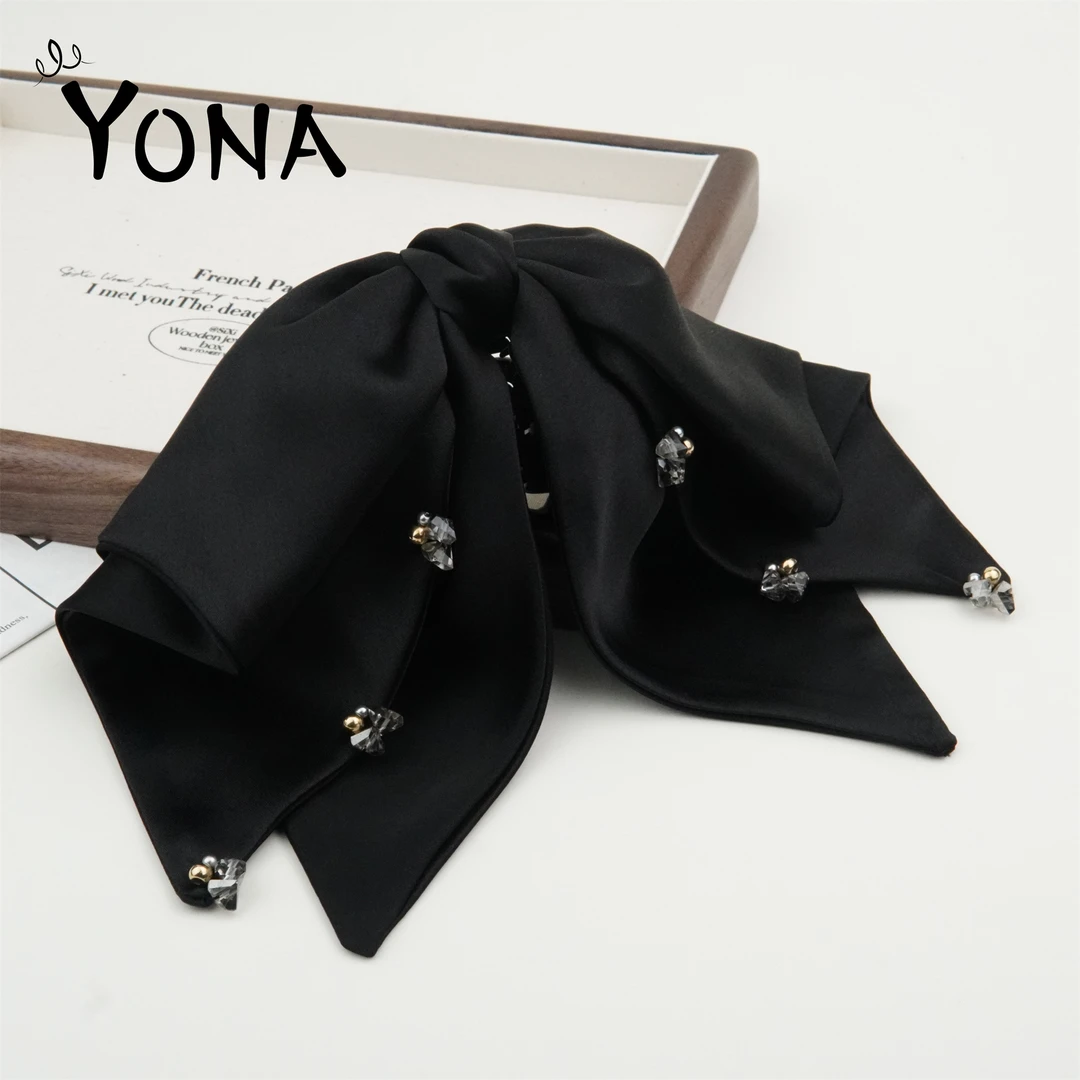 【ZJ037】高级感缎面黑色气质百搭马尾夹低扎半扎发夹飘带显发量