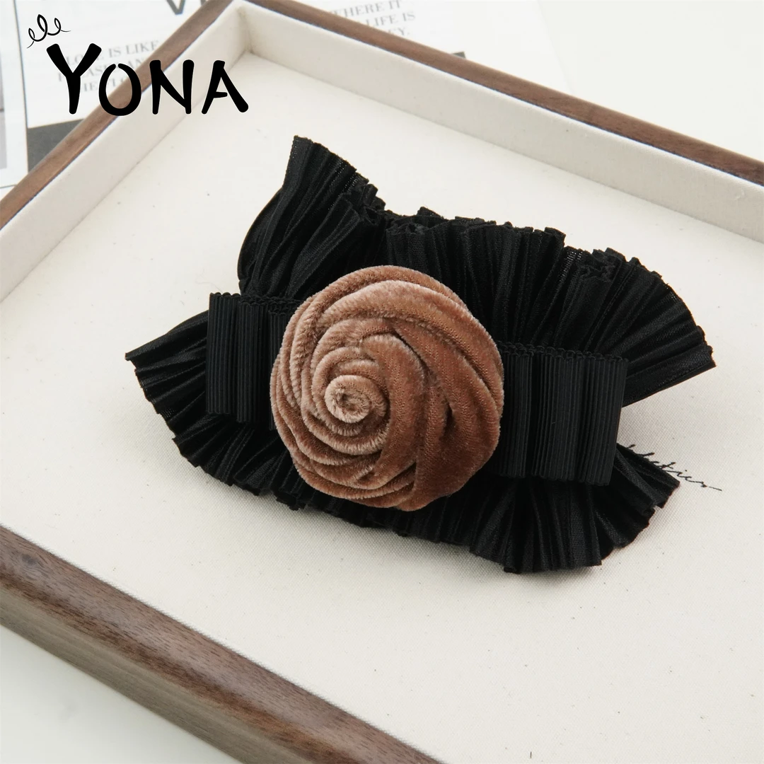 【FQ021】秋冬新款丝绒花朵褶皱发圈盘发丸子头马尾气质百搭发绳