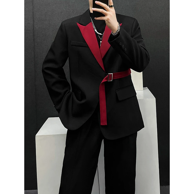 韩国秋季高级感拼接撞色西服男炸街宽松韩版发型师拼色小西装外套