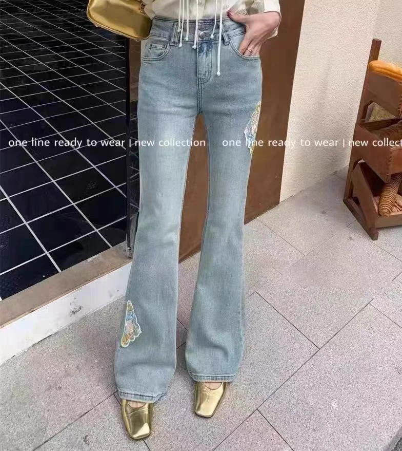 JINTAIYANG【11036】韩版高腰微喇百搭牛仔裤喇叭裤