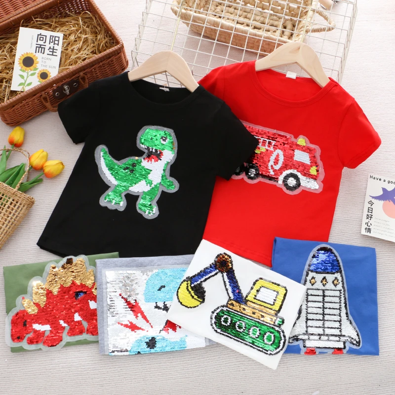 男童纯棉变色亮片T恤 夏季薄款儿童装小男孩卡通宝宝短袖半袖衣服