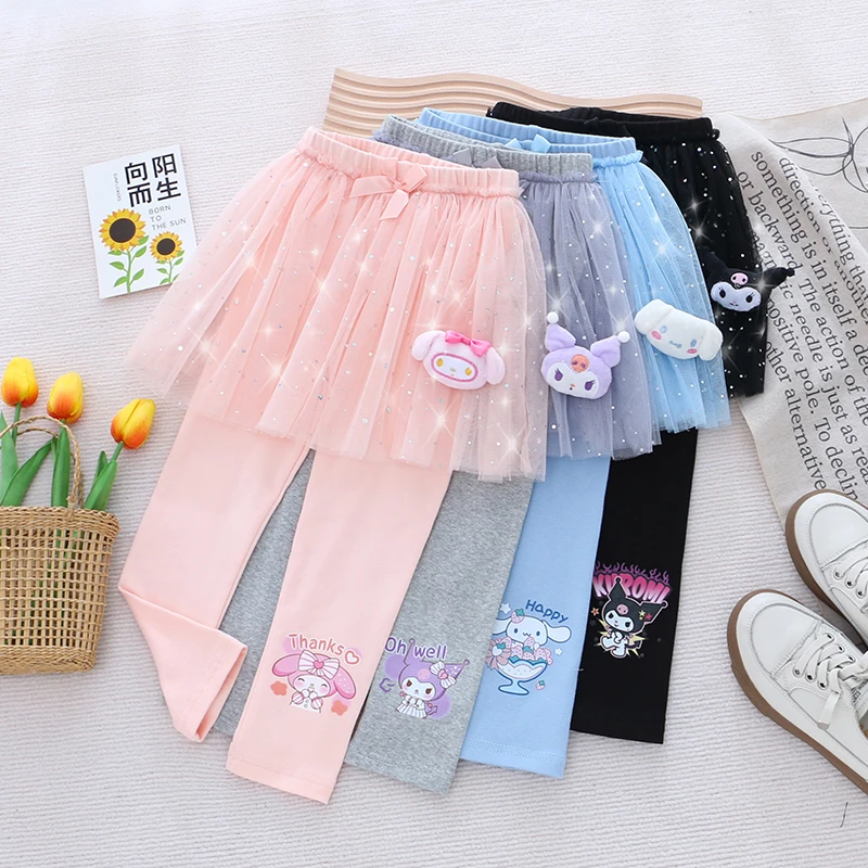 女童纯棉弹力网纱裙裤春秋款儿童装小女孩宝宝洋气卡通外穿长裤子