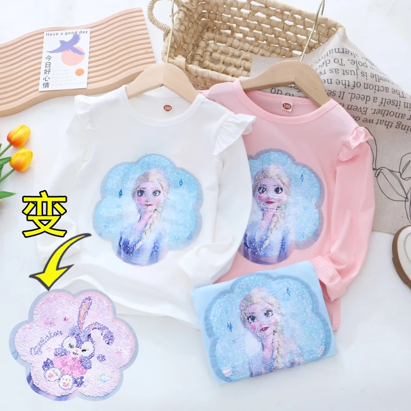 女童纯棉变色亮片长袖T恤 春秋款儿童装小女孩宝宝卡通外穿打底衫