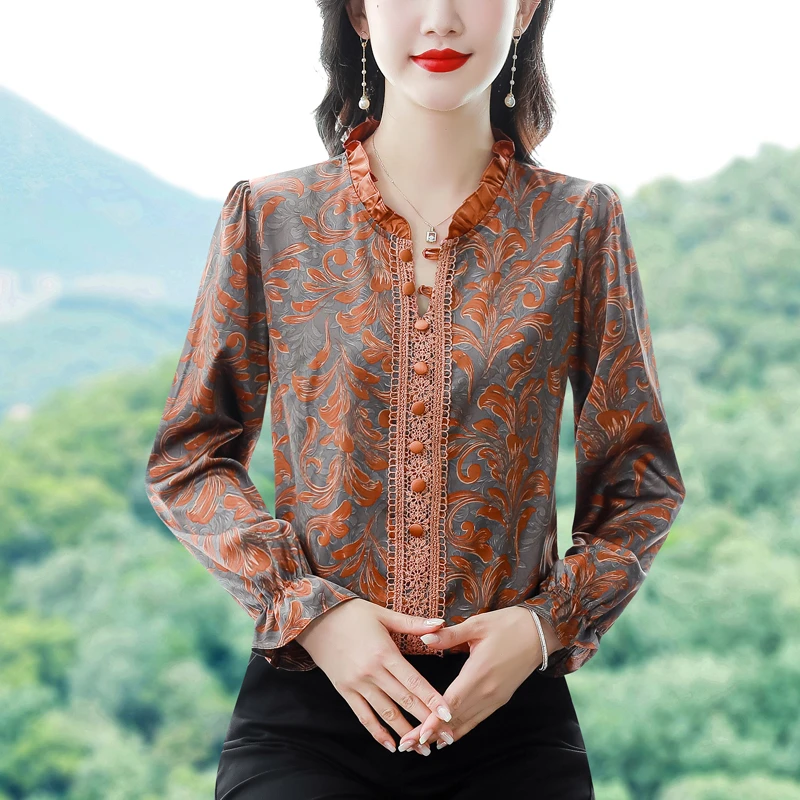 气质荷叶边领蕾丝拼接长袖上衣女士早秋新款碎花小衫妈妈宽松显瘦