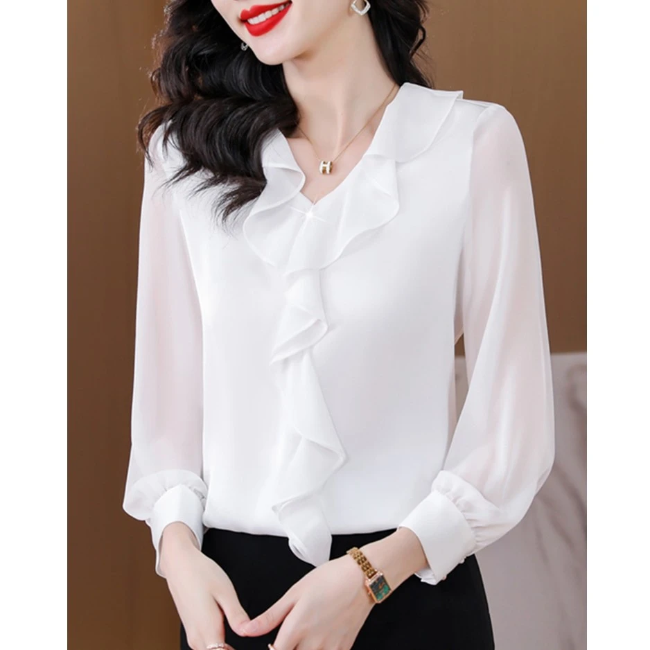 夏季薄款高端黑色雪纺职业长袖白衬衫上衣女2023新款衬衣时尚洋气