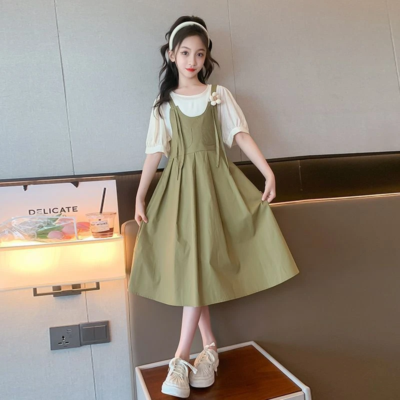 女童夏季假两件背带裙2025新款中大童女孩圆领洋气夏装款连衣裙