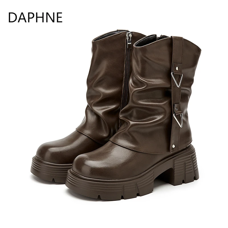 达芙妮加绒短靴2024冬季新款堆堆靴百搭女英伦风厚底粗跟时装靴