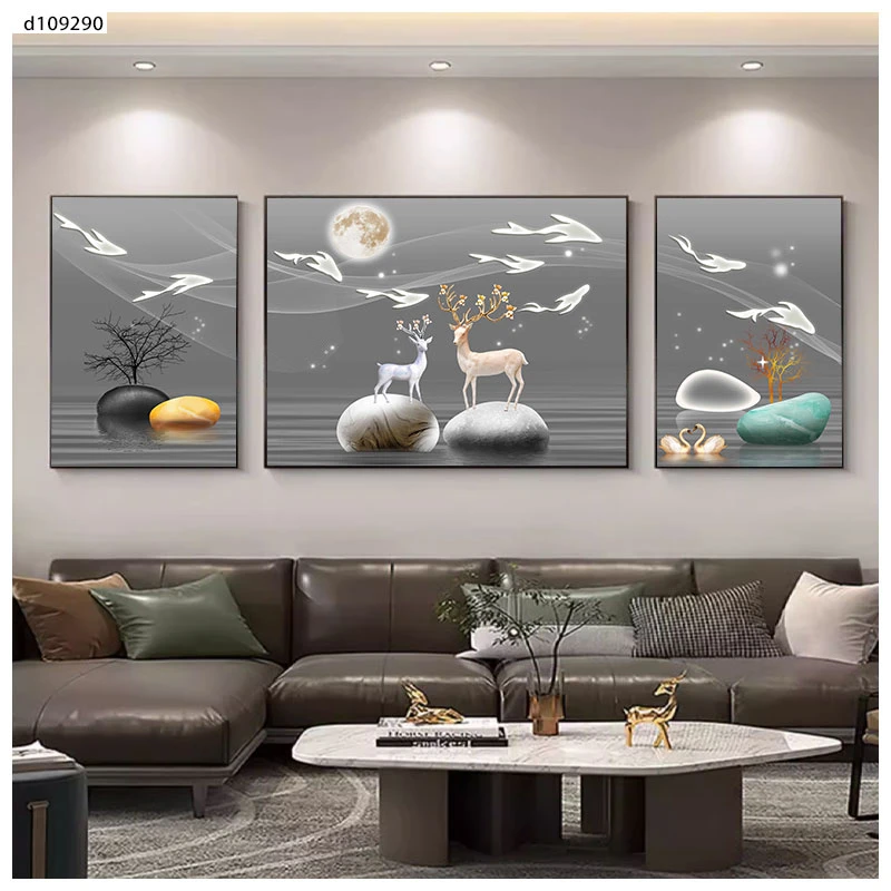 现代简约福鹿客厅装饰画轻奢北欧立体感挂画抽象高级感大气三联画