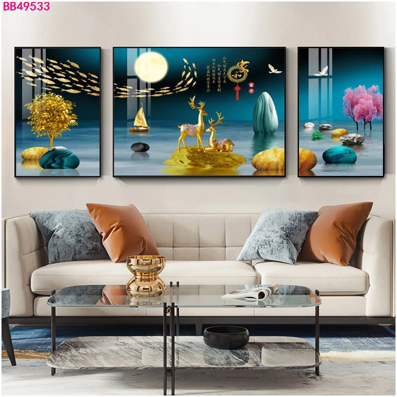 新中式客厅家和富贵装饰画沙发背景墙挂画铝合金三联画山水壁画