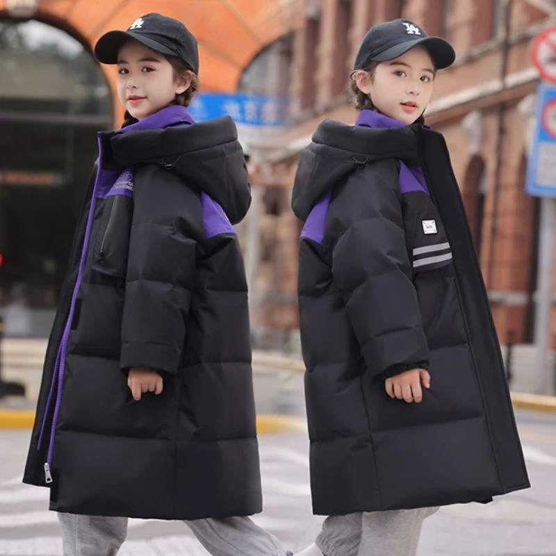 反季新款黑金背带儿童羽绒服女童中长款中大童加厚时尚冬装外套