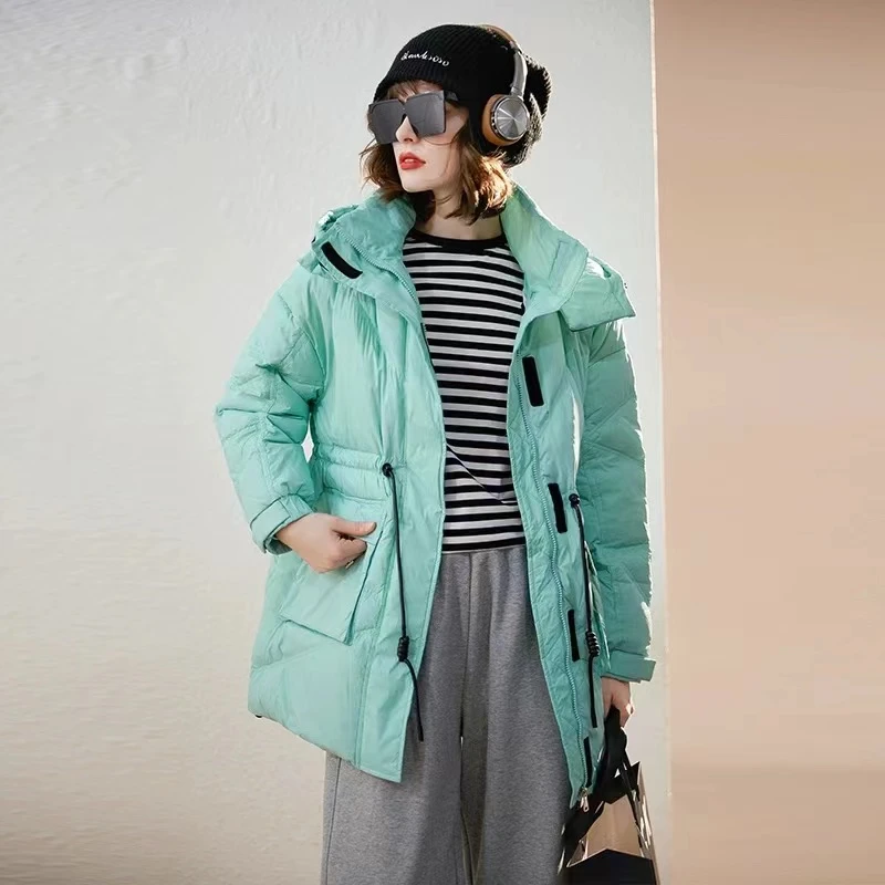 秋冬新羽绒服女短款连帽清仓加厚宽松飘带时尚百搭保暖白鸭绒外套