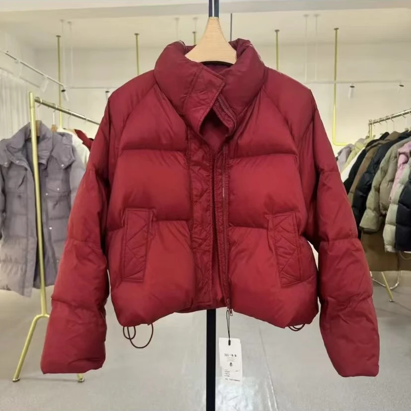 安哥拉红色短款羽绒服女2024新款小个子韩版立领宽松白鸭绒面包