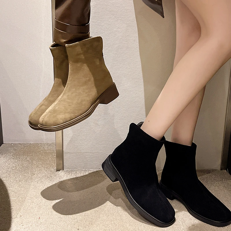 韩版极简绒面弹力瘦瘦靴2024秋冬方头粗跟袜靴百搭后拉链低跟女靴
