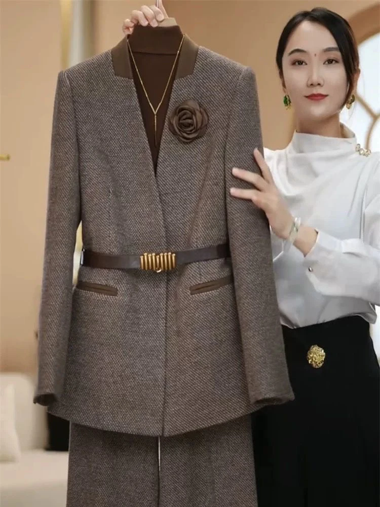 高端网红爆款职业毛呢套装女冬季新款通勤显瘦西装+阔腿裤潮