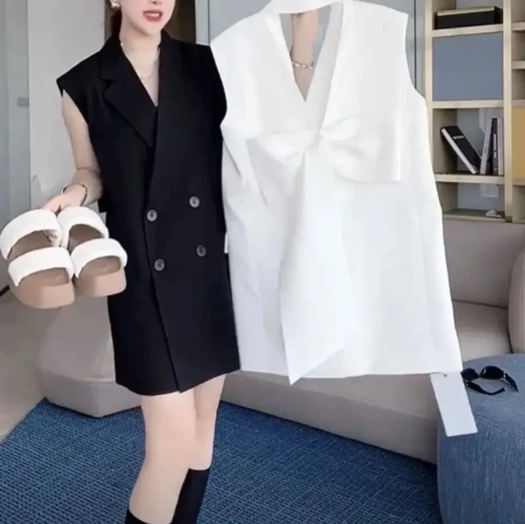 欧货爆款时尚西服马甲裙女夏季新款性感美背蝴蝶结无袖西装裙