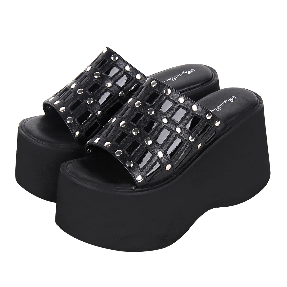 真皮版  2024夏季LOLITA新品朋克铆钉配饰厚底松糕凉拖L053