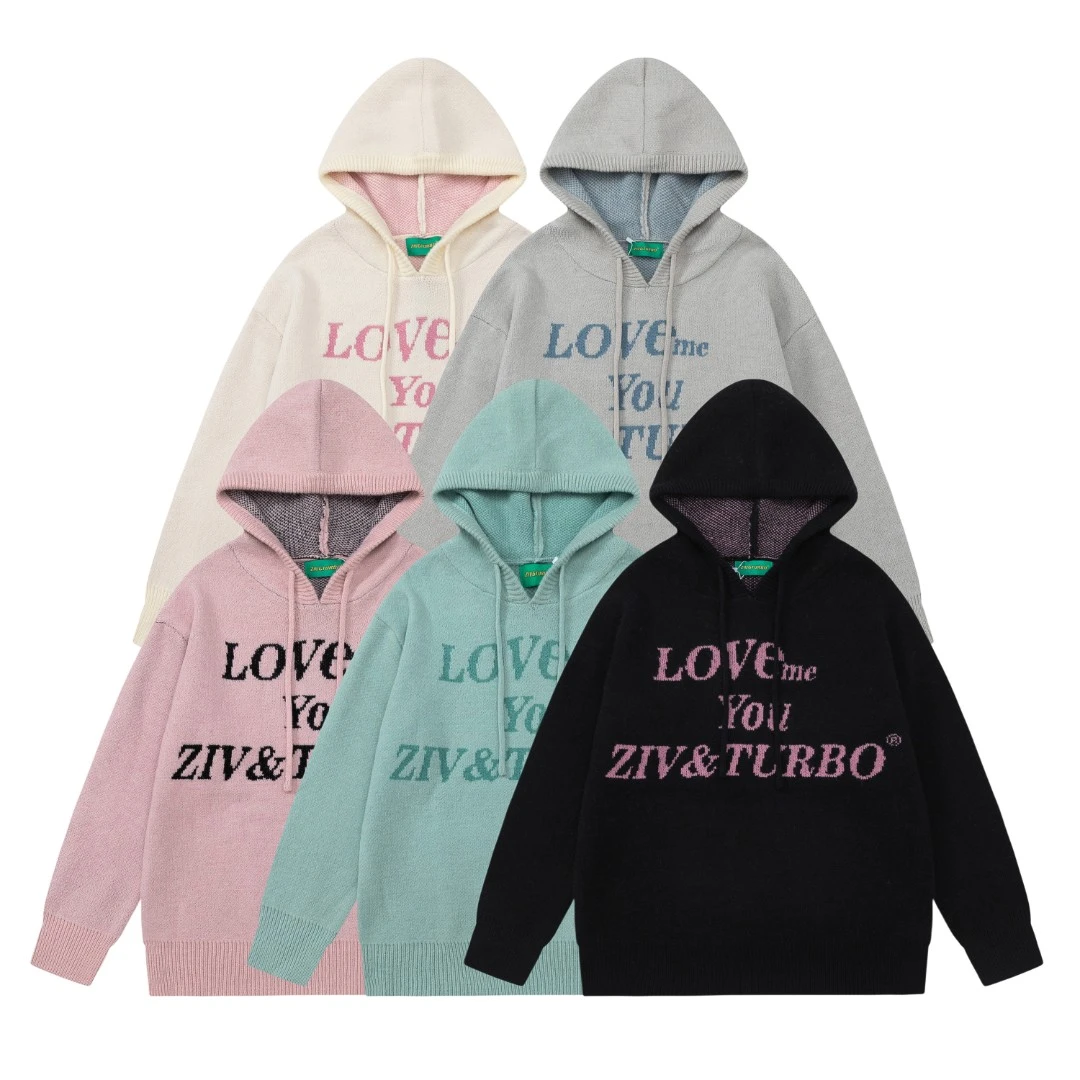 【lulumiya】连帽情侣套头毛衣印花美式宽松外套针织衫休闲