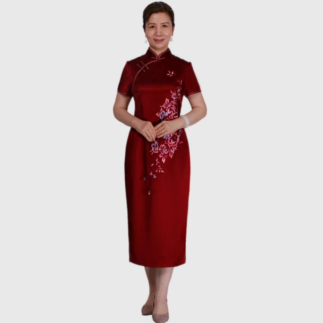 原创喜妈妈红色醋酸手推绣中式领短袖旗袍可定制
