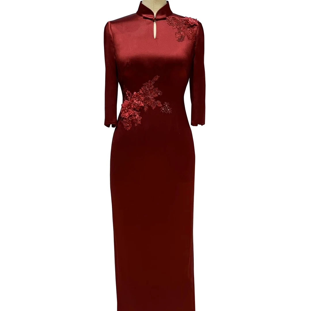 深酒红色醋酸刺绣中式两开叉七分袖长款旗袍定制款1002