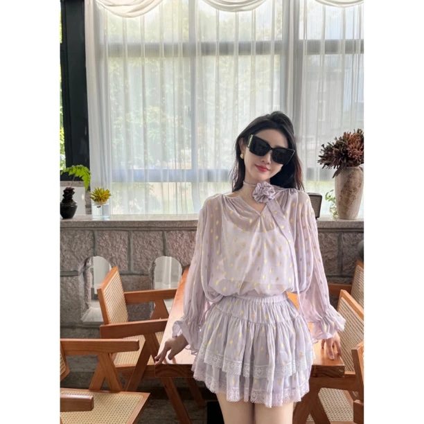 HSYT【浪漫珍妮丝】紫色长袖碎花上衣半身裙短裙超仙森系套装女
