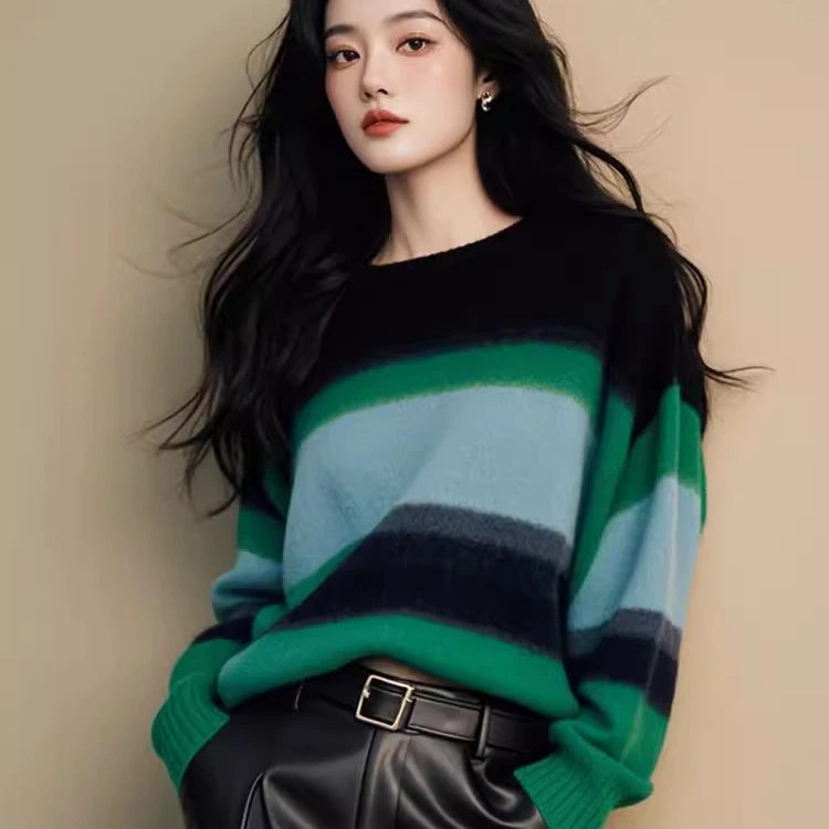 2024早秋穿搭小香风撞色条纹针织上衣法式慵懒风高级感毛衣女秋冬