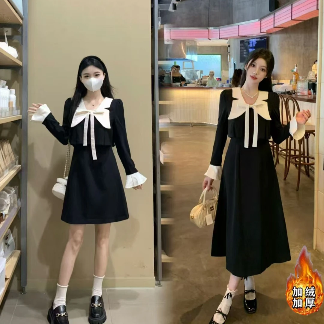 大码加绒假两件连衣裙设计感减龄高腰蝴蝶结秋冬收腰显瘦裙子1615