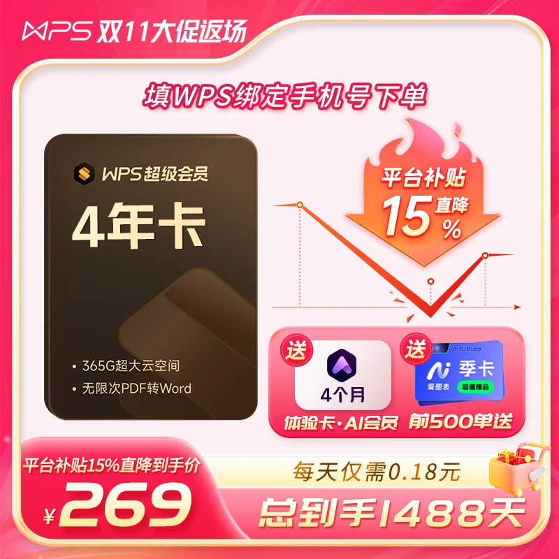 【双十一大促返场】wps超级会员4年卡 送4月体验卡AI会员官方直播间