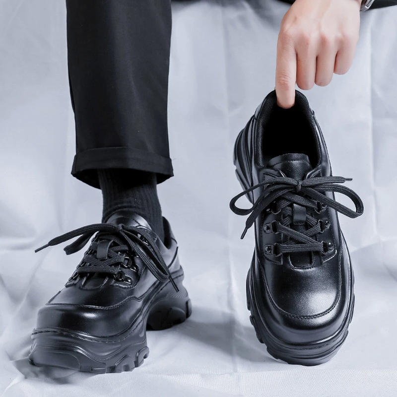 2024年春秋厚底增高老爹鞋男系带青年休闲大头黑色小众机能松糕底