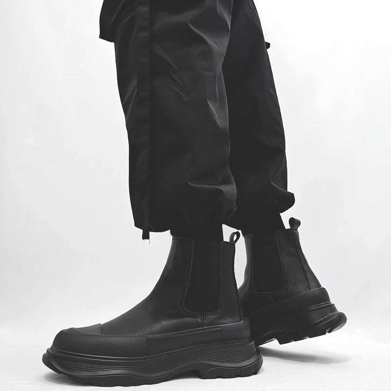 欧洲站黑色麦昆马丁靴男真皮早春季新款切尔西短靴厚底松糕瘦瘦靴