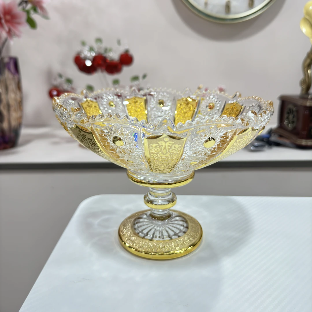 水晶玻璃珐琅描金高脚果盘家用水果盘沙拉碗甜品碗