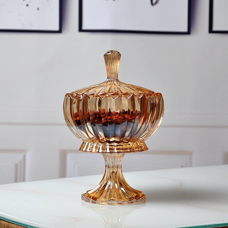 简约家用水晶玻璃糖果罐欧式客厅茶几带盖干果罐高脚收纳罐莲花