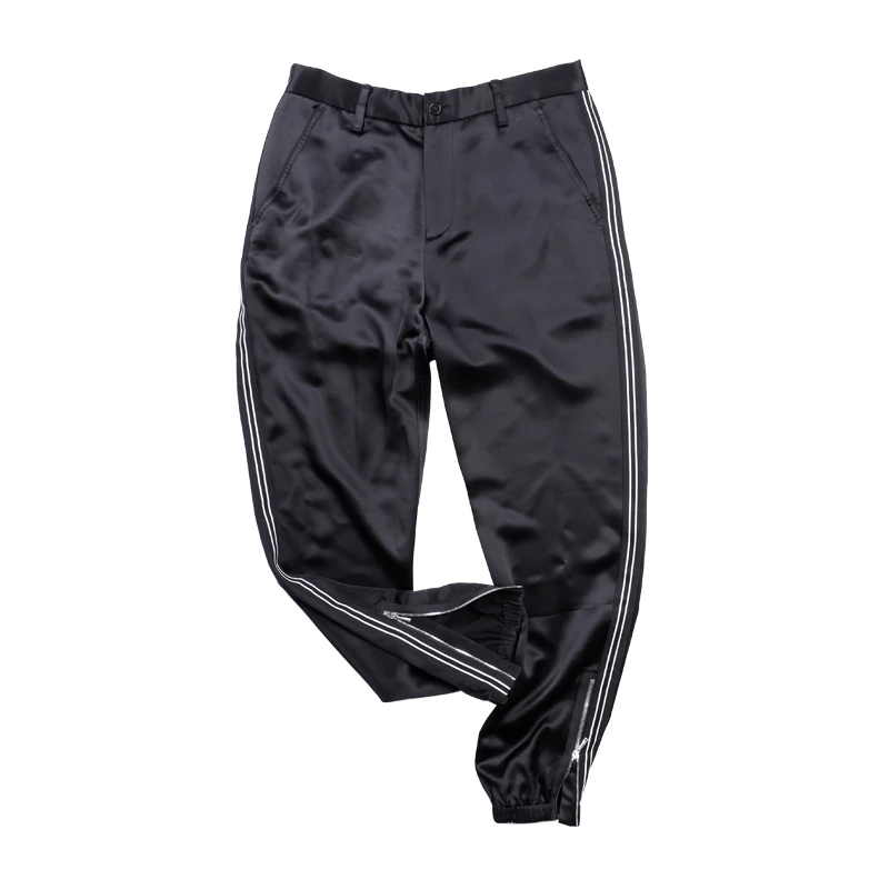 MUSLUN/缪伦高档醋酸缎滑感舒适黑色休闲裤拉链裤脚束脚春夏男士