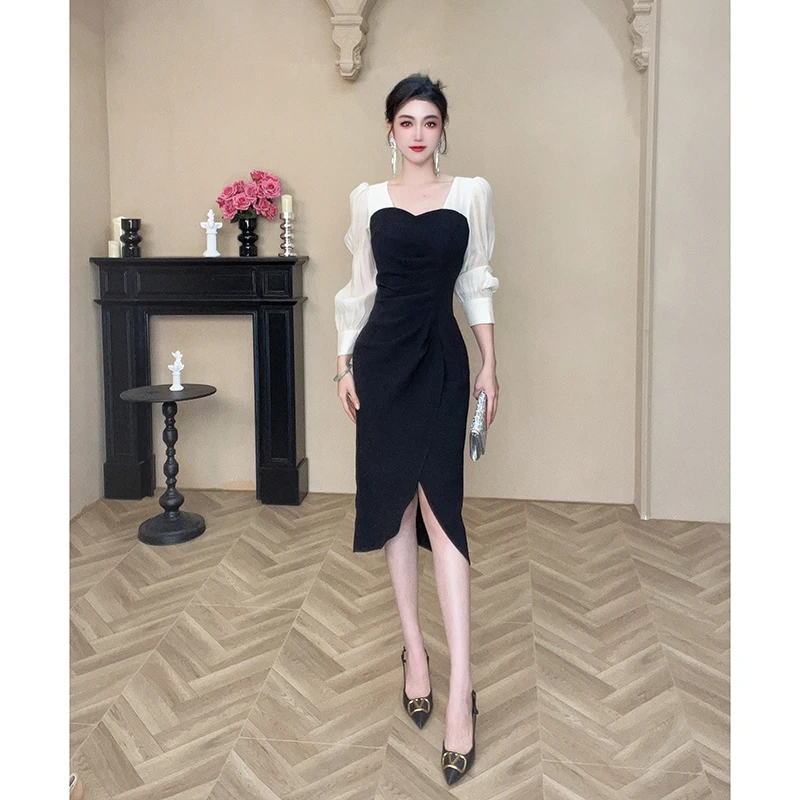 【琼仪定制】2025秋季新款气质方领修身轻奢不规则显瘦连衣裙4478